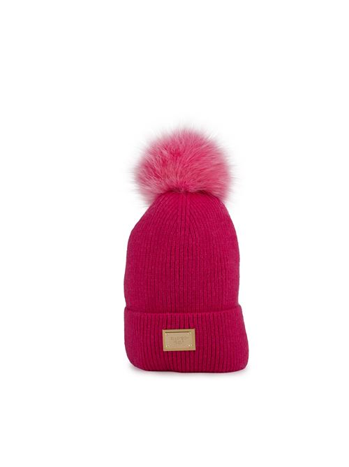 Cappello in maglia con pon pon in volpe fucsia YES LONDON | CP VFUCSIA